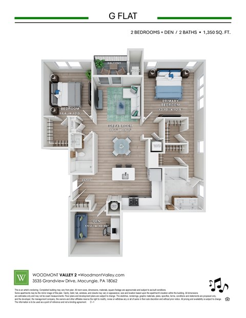 Floor plan for 2 beds, 2 baths, 1350 sqft